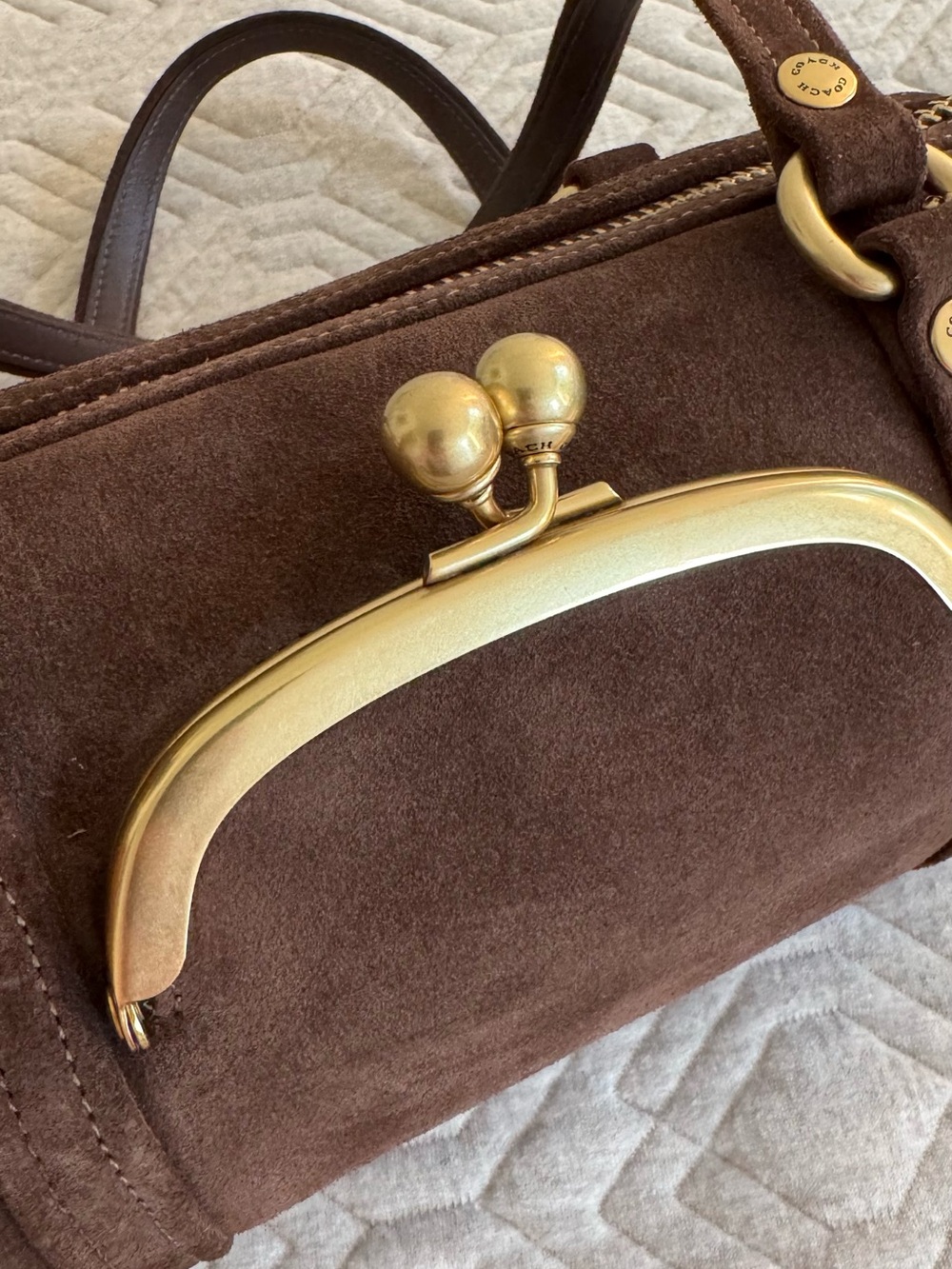 Coach Kisslock Barrel Bag 28 in Dark Chocolate Brown Suede with Brass Hardware - Picture 2 of 13